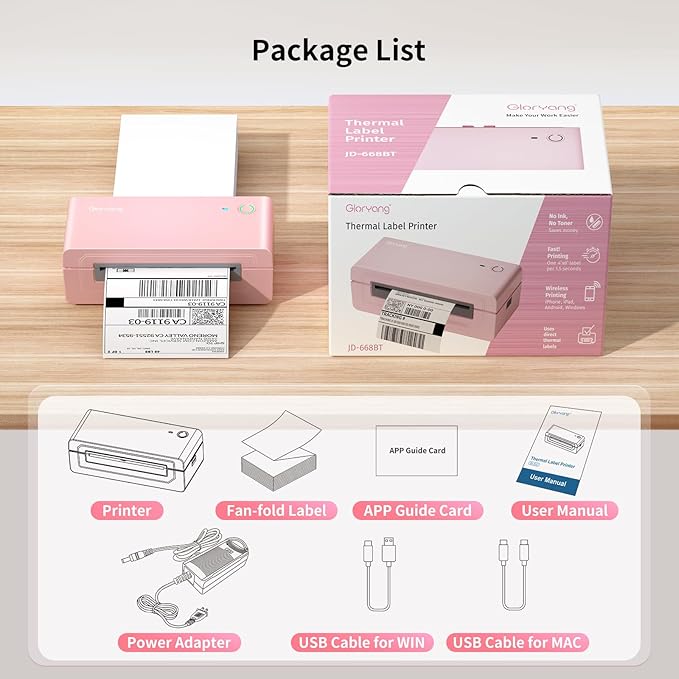 Bluetooth Thermal Shipping Label Printer, 4X6 Inkless Label Machine for iOS, Android, Laptop, Wireless Printer for Small Business, Compatible with Amazon, UPS, Shopify, Pink