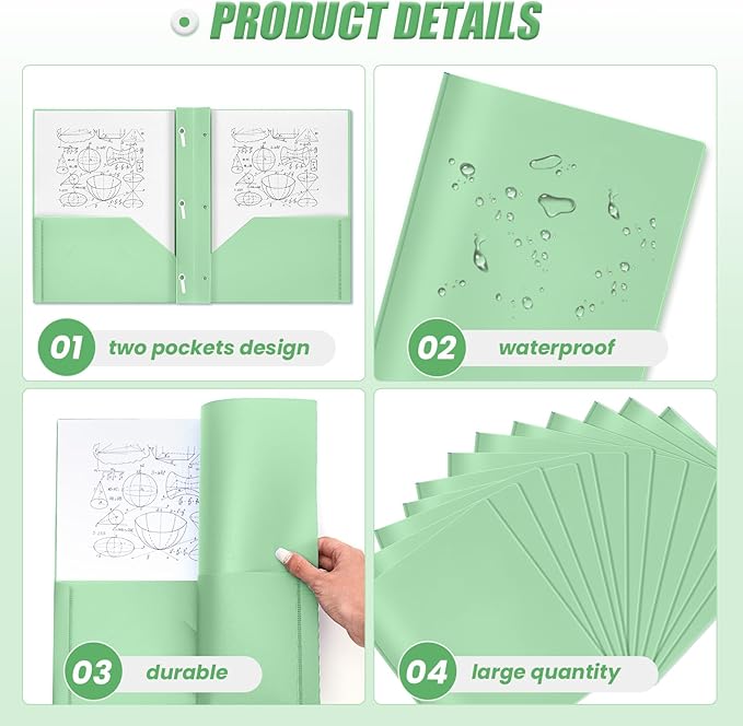 Yeaqee 60 Plastic Folders with Pockets and Prong Plastic Folders with 2 Pockets Pocket for Office, School for Students, Teachers, Office Workers (Sage Green)