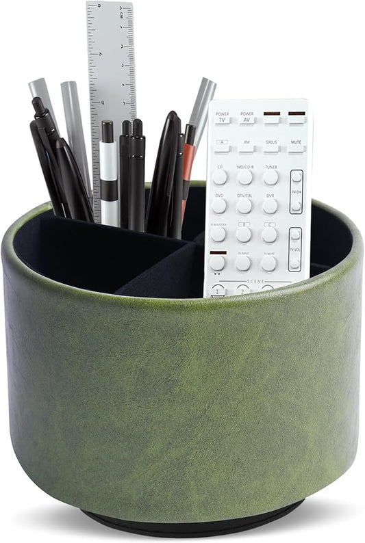 Hennaja Round Leather Art Supply Organizer,Remote Control Holder,360 Degree Spinning,Multi-Functional Pencil Holder,4 Compartments Desktop Stationary Organizer(1-Oil Bamboo)