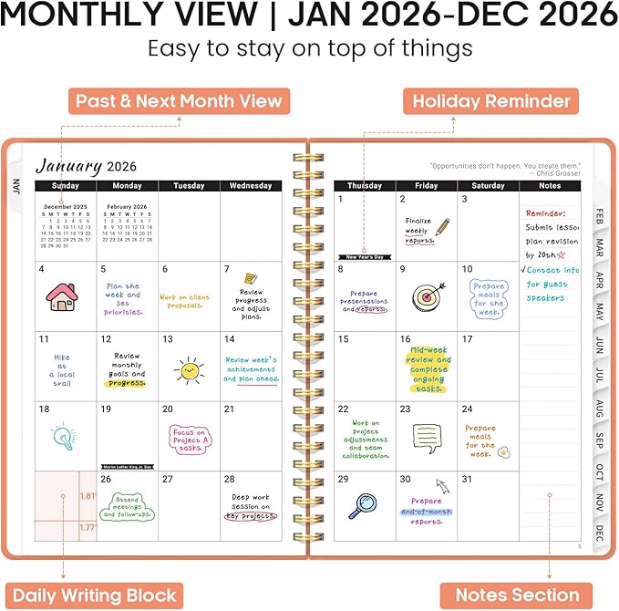 2026 Planner 8.5" x 11", Weekly and Monthly Calendar Planner Book, January 2026 - December 2026, Hardcover Spiral Planner with Monthly Tabs, Notes Pages, Perfect for Women & Men, A4 - Coral