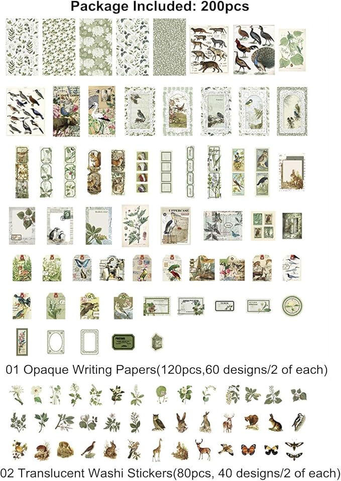 200PCS Vintage Scrapbooking Supplies Pack, Aesthetic Scrapbook Sticker Paper Art Journaling Kit for Bullet Junk Journals,Planner,Cottagecore Decor Gifts (Green Series)