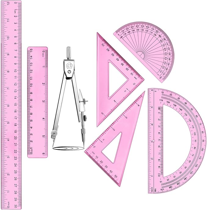 Zonon 1 Set Plastic Geometry Math Set Includes Drawing Compass, 6 Inch 4 Inch Protractor, 45/60 Degree Triangle Rulers 12 Inch 6 Inch Math Ruler Transparent for Office Supplies (Pink)