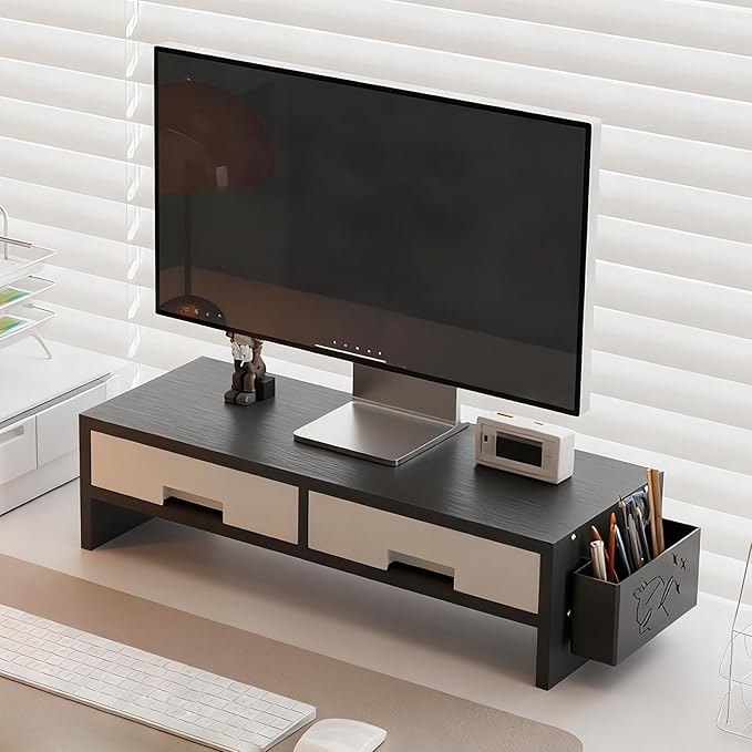 Stand Riser - Ergonomic Double Drawer Desk Organizer for Monitors, Sturdy Computer Stand with Storage Space, Desktop Accessory for Family Home Offices Indoor Study Room