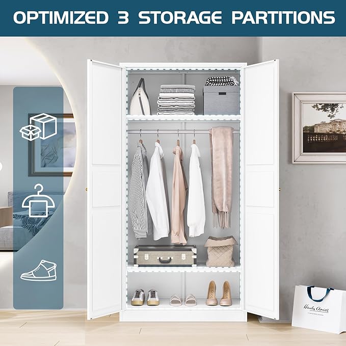 MIIIKO Wardrobe Closet with 2 Doors, 72" Metal Clothing Storage Cabinets with Hanging Rod, Bedroom Armoires Laundry Room and Office Clothes Storage Organizer Cabinets