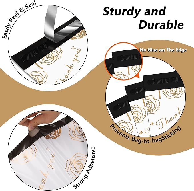 Thank You Poly Mailers 10x13 Inch 100 Pcs - Gold Rose Printed Shipping Bags for Clothing - Waterproof and Tear Resistant Mailing Envelopes - Self-Sealing Packaging Bags for Small Business