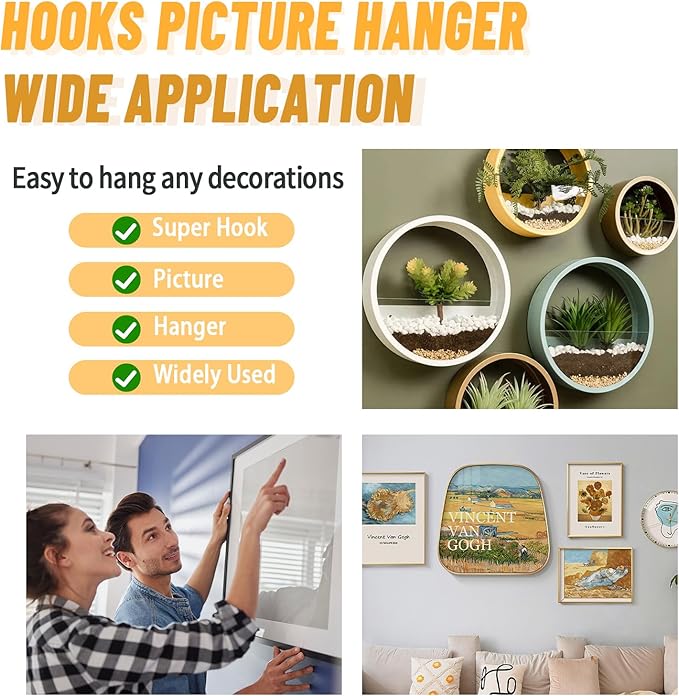 20pcs Aeneous Super Hook Picture Hangers and Office Pack, Drywall Hooks for Hanging Pictures, Wall Hooks, Picture Hangers, Picture Hanging Kit，Hang Art, Clock, Shelves, Mirrors