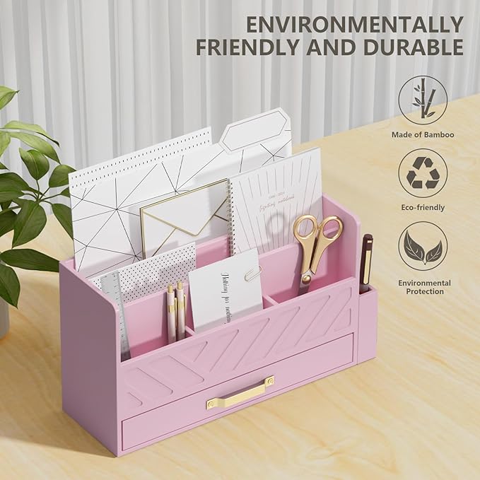 Bamboo Desk Organizer Mail Holder Countertop Wood Desk Drawer Tabletop Storage Box Pen Holder Letter Sorter Makeup Organizer for School Home Office Supplies with Pen Holder Pink