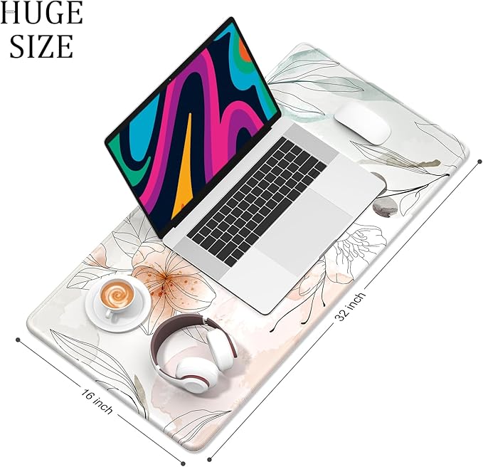 Desk Mat, 32" x 16" XXL Extended Large Gaming Mouse Pad, Desktop Decor Desk Pad, Cute Men Women Office Supplies and Accessories, XL Mouse Mat for Laptop & Keyboard, Watercolor Flowers
