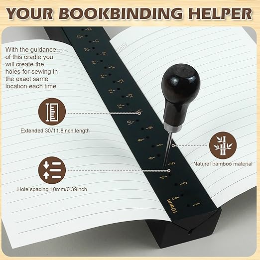 Black Book Binding Cradle, Wood Bookbinding Punching Cradle with an Awl, Bamboo Signature Punching Cradles with Piercing Guide 10 mm Hole Spacing, Portable Book Binding Tools Kits for Book DIY Crafts