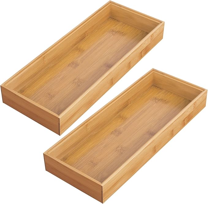 mDesign Wooden Bamboo Drawer Organizer - 15" Long Stackable Storage Box Tray for Kitchen Drawers/Cabinet - Utensil, Silverware, Spatula, and Flatware Holder - Echo Collection - 2 Pack, Natural Wood