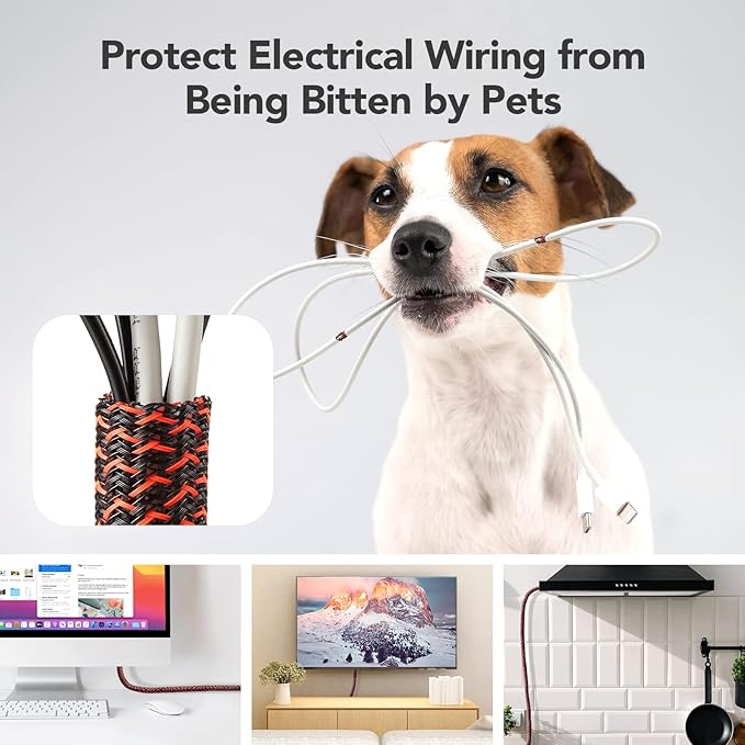 AGPTEK Cable Sleeve Cover, 10ft - 1.2 inch Desk Cord Organizer Cable Hider, Home Office Wire Management Computer TV Wire Loom Tubing, Pet Proof Cord Protector, from Cat Dog Chewing, BlackRed