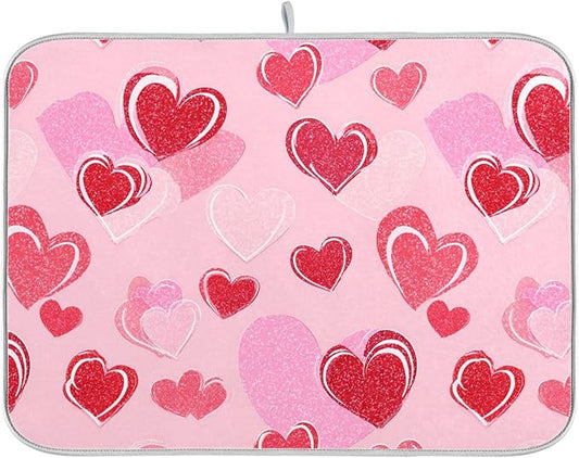 Mothers Valentines Day Hearts Dish Drying Mat 18 X 24 Inch Stars Romantic Red Pink Glitter Love Heart Dry Dishes Pads Drainer Mats Tableware Protector for Home Kitchen Countertops Counter Decorations