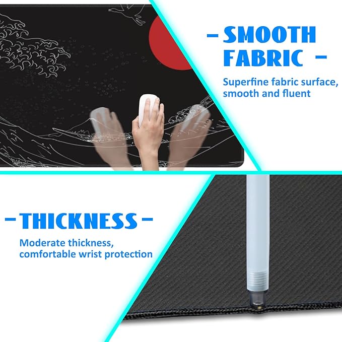 Desk Mat, Black Japanese Style Wave and Red Sun Extended Gaming Mouse Pad Large, 35.4"x15.7" Big Mouse Pad with Non-Slip Base and Stitched Edge, Long Computer Keyboard Mouse Mat for Home Office Work