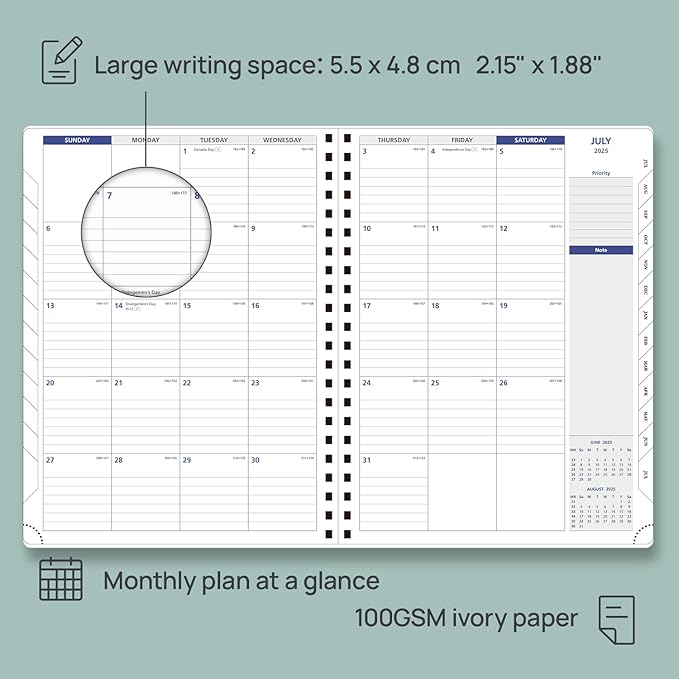 POPRUN 2025-2026 Monthly Planner Spiral Bound, 8.5'' x 11.25'' Academic Calendar (July 2025-July 2026) Appointment Book with Stair Tabs, Leather Cover, 4 Pages per Month with Notes - Brown