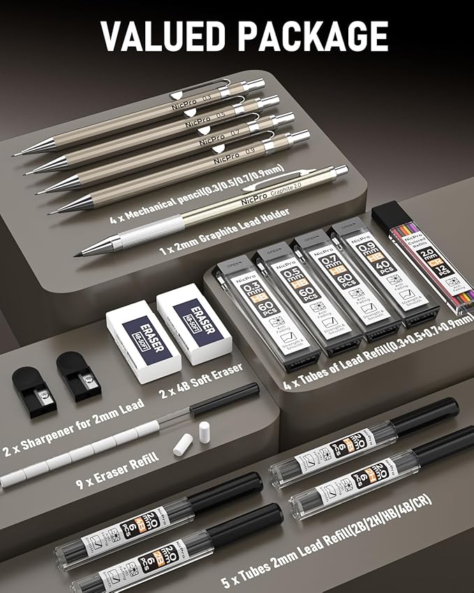 Nicpro 5 PCS Art Mechanical Pencils Set, Metal Drafting Pencil 0.3 & 0.5 & 0.7 & 0.9 & 2mm Graphite Lead Holder(4B 2B HB 2H Colored) for Sketching Drawing With Lead Refills Eraser Case