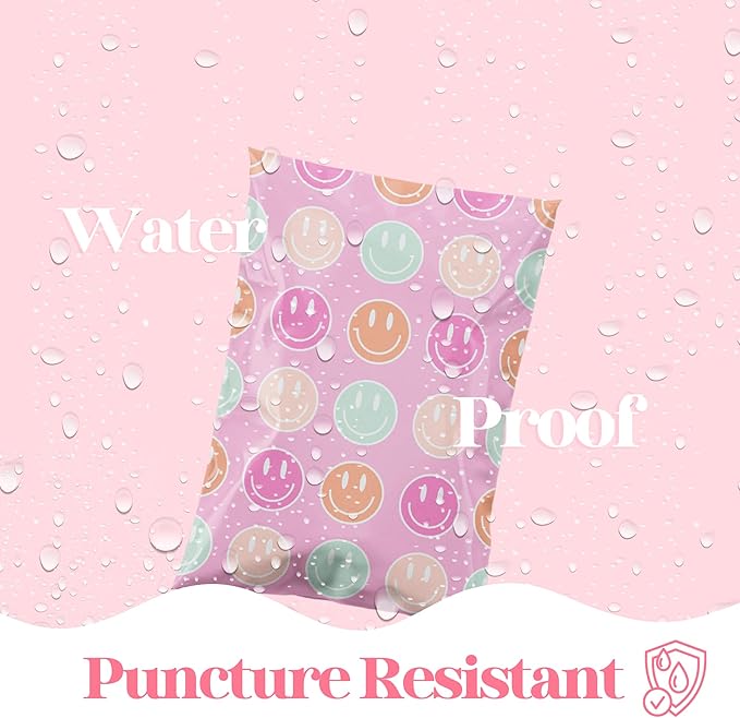 14.5x19 Designer Poly Mailer 100 Pack Heavy Duty Waterproof Self Seal Shipping Bags for Small Business Large Mailing Envelopes Bulk Tear Resistant Cute Packaging Smiley Face