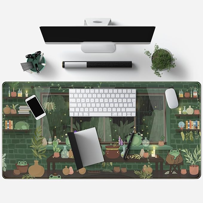 Cute Desk Mat Kawaii Frog Mouse Pad Green Desk Anime Mat Large Gaming Mouse Pad Desk Computer Keyboard Pad Desk Home Office Accessories Girl Stitched Eges (31.5x15.7 in) WER236