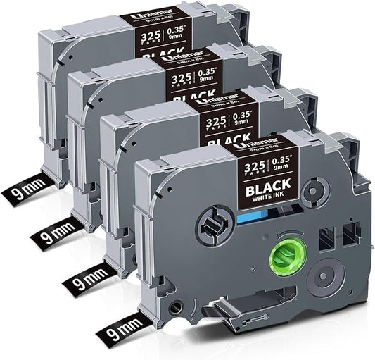 Unismar TZe-325 Compatible for Brother Ptouch 9mm 0.35 Laminated White on Black Label Tape TZ325 TZ Tape Work for Label Maker PTD220 PTD200 PTD210 PTD400 PTH100 PTH110 PT1280, 3/8'' x 26.2', 4-Pack