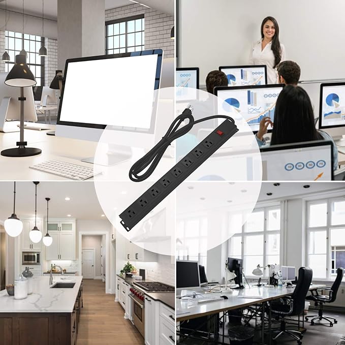 Metal 8 Outlet Mountable Power Strip, Wall Mount Outlet Heavy Duty, Wide Spaced Commercial Shop Power Strip with Switch, 15A 125V 1875W, 15 FT SJT 14AWG Power Cord (15FT)