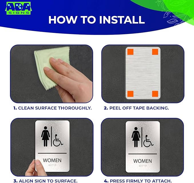 ADASigns Women Restroom Sign – 6" x 9" Durable Brushed Aluminum with Braille – Easy Installation with Strong Adhesive Tape – Weatherproof, ADA Compliant Bathroom Sign for Home, Office, & Business
