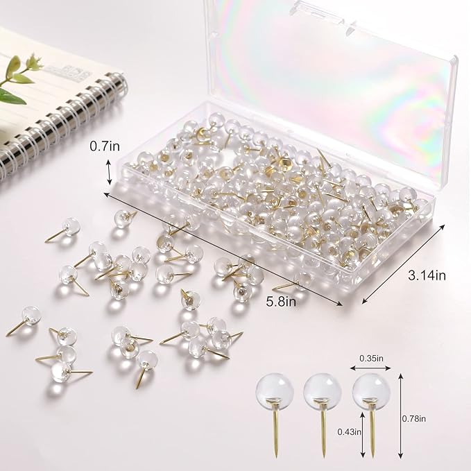 150 Pcs Push Pins, Standard & Transparent Plastic Head Steel Point Thumb Tacks for Wall, Office & Craft Organization (Gold)
