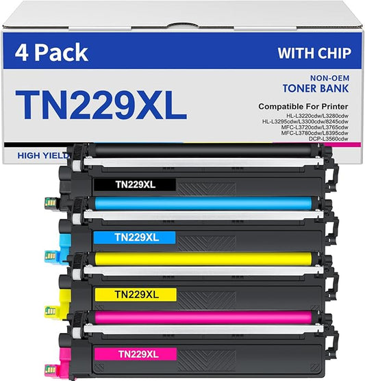 TN229XL TN229 Toner Cartridges 4 Pack MFC-L3780CDW MFC-L3720CDW Compatible for Brother TN229 TN229XL HL-L3280CDW HL-L3220CDW HL-L3300CDW HL-L3295CDW Printer TN 229XL TN-229XLBK/C/M/Y High Yield