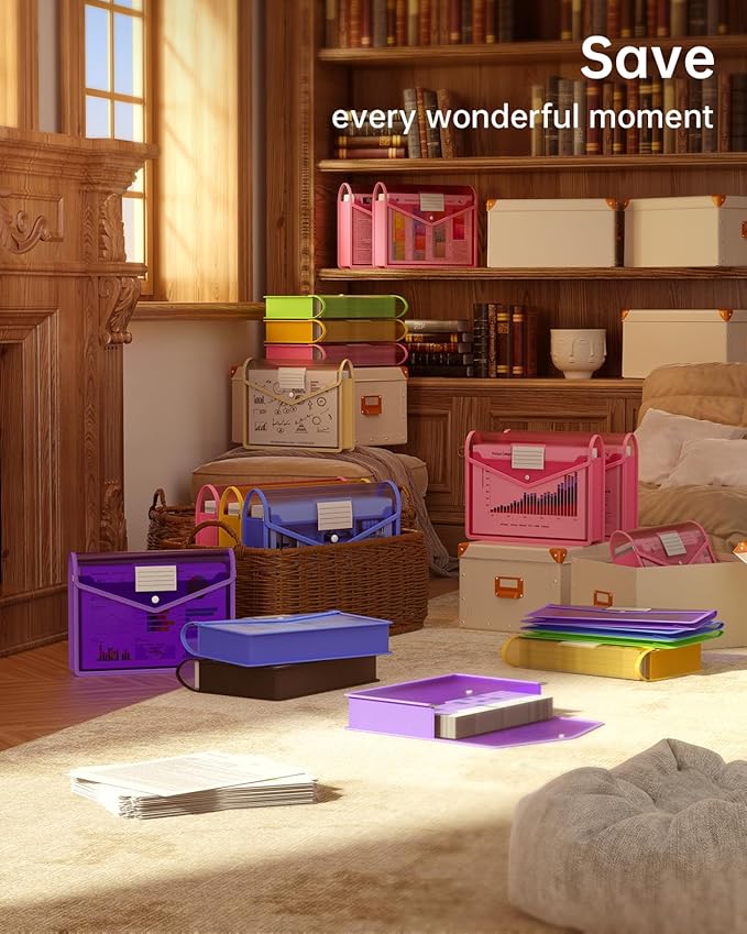 Plastic Expanding File Folder, Transparent envelopes with Snap Closure,No Dividers,Large Capacity,Assorted Colors,Bills&Taxes,Letter/A4 Size for School/Office/Home-7 Pack