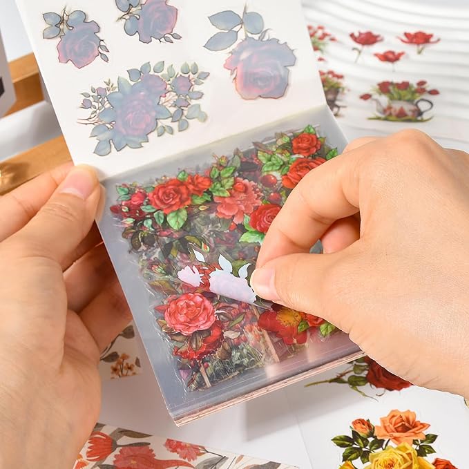 Snycler Scrapbooking Supplies, Vintage Journaling - 25 Sheets PET & 25 Sheets Paper Stickers, DIY Craft Stickers for Junk Journals, Ephemera Sticker Book, Red Flower Themes, Pre-Cut Designs