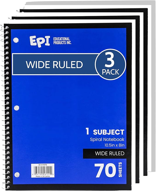 EPI Spiral Notebook | Wide - 70 Sheets, Durable Spiral Binding | 10.5 x 8 in | Classroom Supplies | School, Office, Note Taking, Journaling - 3 Pack