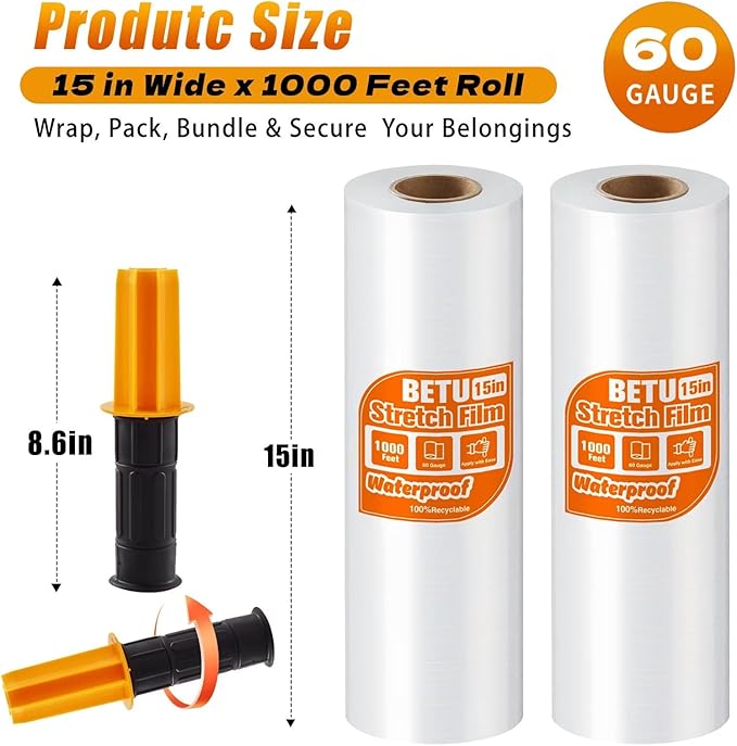 BETU Plastic Wrap Stretch Film for Moving Supplies 15inch X 1000ft, Shrink Wrap Stretch Roll Industrial for Furniture Wrapping Shipping Pallet Moving Boxes Storage with Handles, 2 Pack, Clear