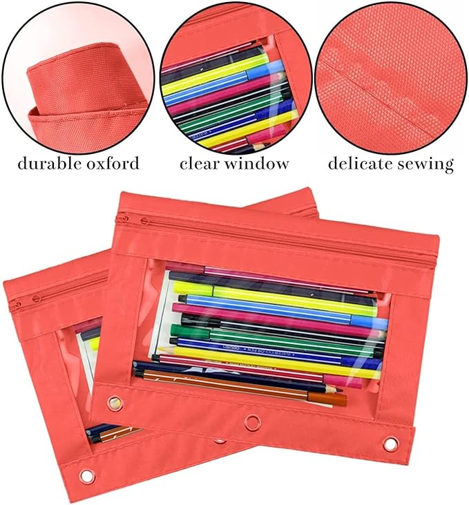 YoeeJob Pencil Pouch for 3 Ring Binder, Zipper Pencil Pouches Bulk, Pencil Case Pouch with Clear Window for Class, School, Office, Red, 24 Packs
