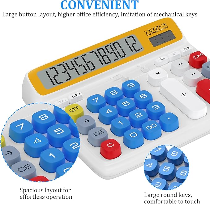 Desktop Calculator with Extra Large 5-Inch LCD Display, 12-Digit Two Way Power Solar & Battery Office Calculator with Big Buttons for Business, Accounting & Home Use(Blue)