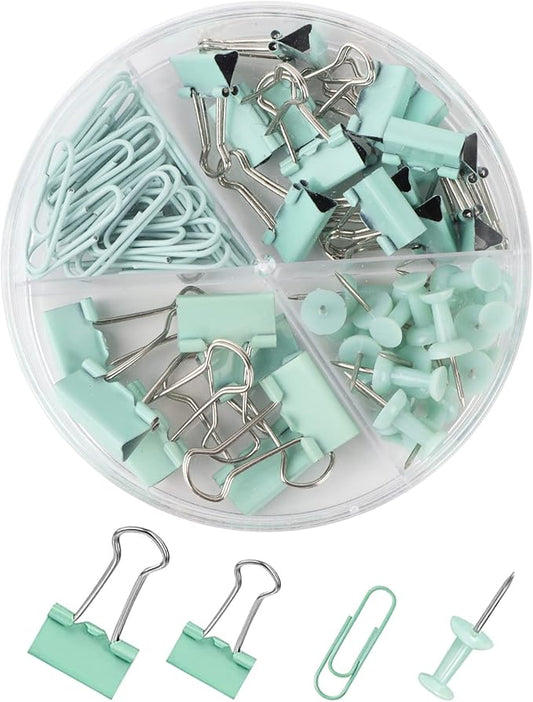 Paper Clips and Binder Clips Set, Metal Assorted Sized Binders with Push Pins, Cute Office Supplies for Desk, Desk Accessories (Green)