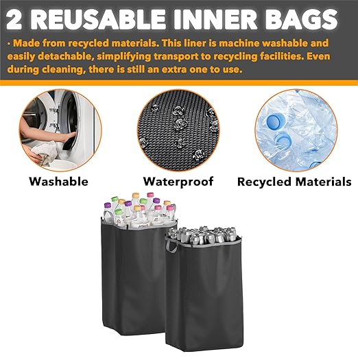 SpaceAid Recycling Bin for Kitchen 26 Gallon, 100L Recycle Bin with Lid and 2 Reusable Inner Bags, for Bottle Can Glass Plastic Stickers, Grey