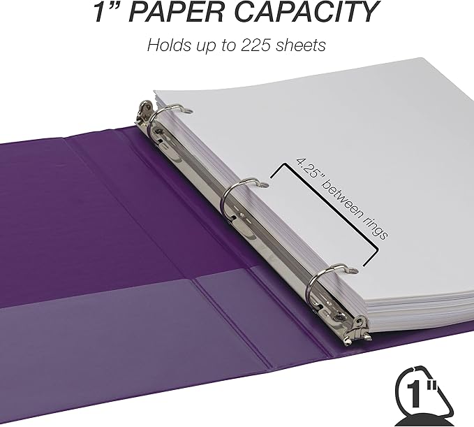 Samsill Durable 1 Inch Binder, Made in The USA, D Ring Binder, Customizable Clear View Cover, Plum Purple, Holds 225 Pages