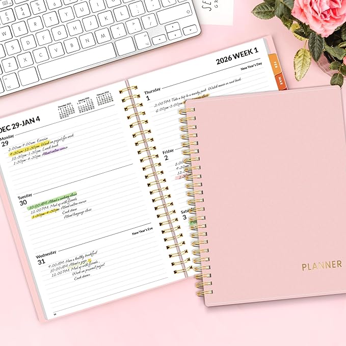 SUNEE 2026 Weekly and Monthly Planner - from January 2026 - December 2026, 6.4" x 8.3" Daily Agenda Planner with Monthly Tab, Flexible Cover, Note Pages, Pockets, Bookmark, Spiral Binding, Pink