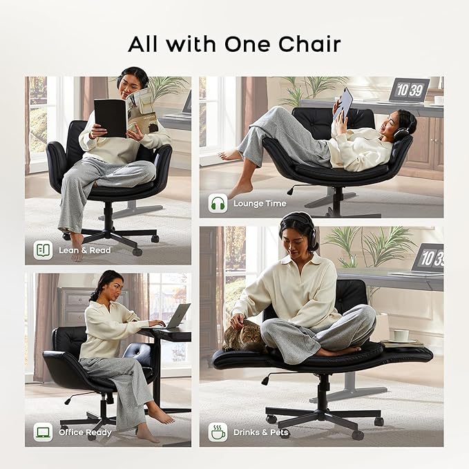 Criss Cross Chair with Armrests & Wheels, PU Leather Vanity Chair, Comfortable Adjustable Swivel Computer Office Desk Chairs for Home, Make Up, Bed Room (Black)