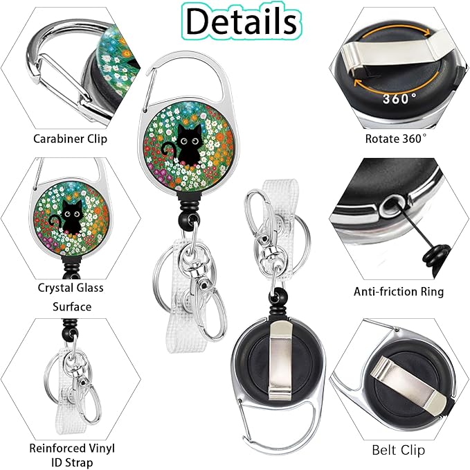 Gctriki Flower Cat Badge Reel Retractable with 360° Swivel Carabiner Clip, Fun Work ID Badge Holder Retractable Clip, Students Nurse Teacher ID Card Holder Cute Women Keychain Accessories Office Gift