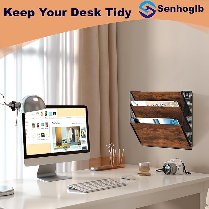 Metal Wall File Holder Organizer, 3-Tier Mesh Hanging Wall File Organizer, Magazine Rack with Pockets, Wood Document Holder for Office Home, Brown