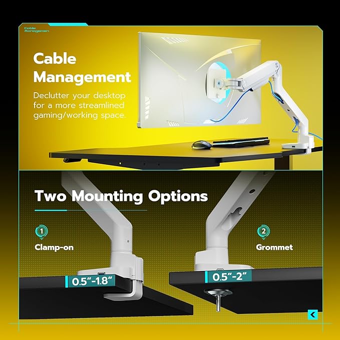 ARES WING Single Monitor Mount with USB A/C, Heavy Duty Monitor Arm for 17 to 49 inch Ultrawide Screen, Holds 44 lbs, Adjustable Gas Spring Arm Desk Mount with Clamp and Grommet Base, White