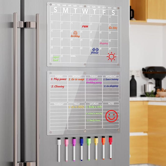 Acrylic Magnetic Dry Erase Board Calendar for Fridge, Clear Monthly and Weekly Planner Whiteboard for Refrigerator, w/ 8 Colors Markers, 15"x11"
