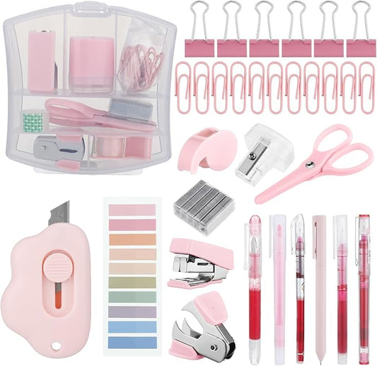Colarr Mini Office Supply Kit Includes Stapler Tape Dispenser Staple Remover Paper Clips Scissor Staples Pen Sharpener Note Small Telescopic Knife for Office and School Clerk Student (Pink)
