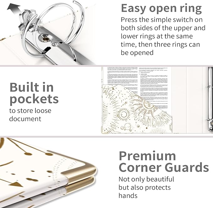 Ospelelf 3 Ring Binder, 1.5 Inch, Cute Letter Size (11" x 8.5") with 5 Tab Dividers, File Folder Labels and Low Profile Clipboards, Tarot Cards Binder for School and Office Supplies