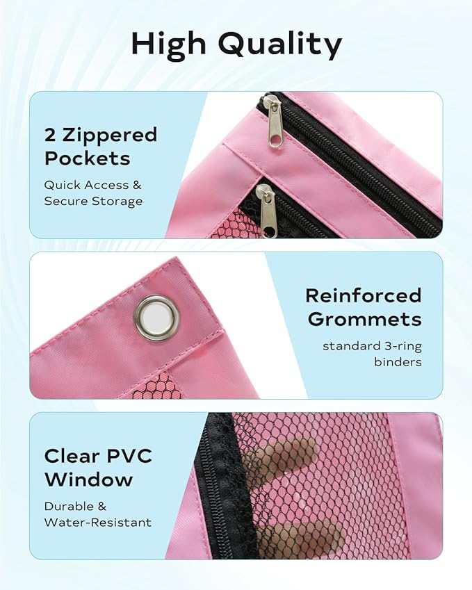 Pink Pencil Pouch for 3 Ring Binder - Zipper Pencil Case Bag Holder Bulk Accessories, Small Clear Window Aesthetic Organizer Pockets 3 Hole School Essentials