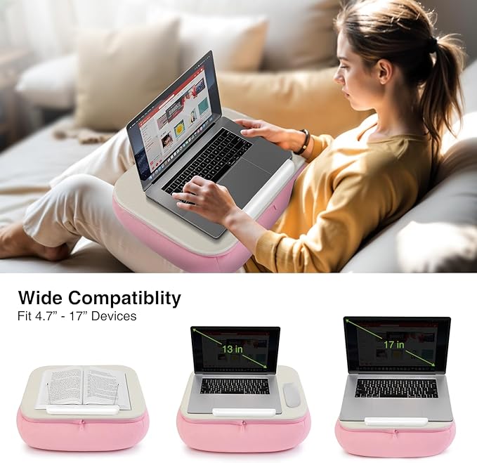 elitehood Bean Bag Laptop Lap Desk, Soft Cushion Stand for Book, Laptop, Tablet, Book Holder for Reading in Bed, Lap Pillow Desk Ideal for Working, Writing and Relaxation on Bed, Couch, Recliner, Pink