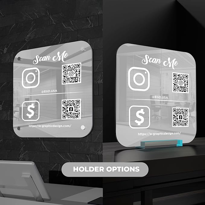 EGD Personalized Social Media QR Code Sign for Business | Facebook Instagram Sign | Custom Signs for Business I Standoff Screws Included I Multiple Color and Holder Options | Wide 10"x 10" Height