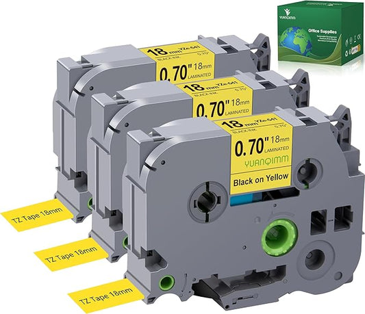 TZe-641 18mm TZe TZ Yellow Tape Compatible with Brother P Touch Label Maker Tape TZ-641 TZe641 TZ641 Label Tape 18mm 0.7 Laminated Black on Yellow for PT-D400AD PT-D610BT Printer, 3-Pack