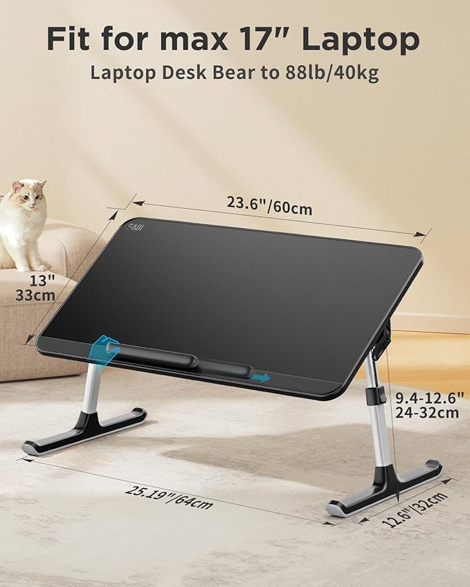 SAIJI PU Leather Laptop Bed Tray Table, Adjustable Laptop Stand with Removable Stopper, Portable Lap Desks with Foldable Legs, Notebook Stand Breakfast Reading Desk for Sofa Couch(Large, Black)