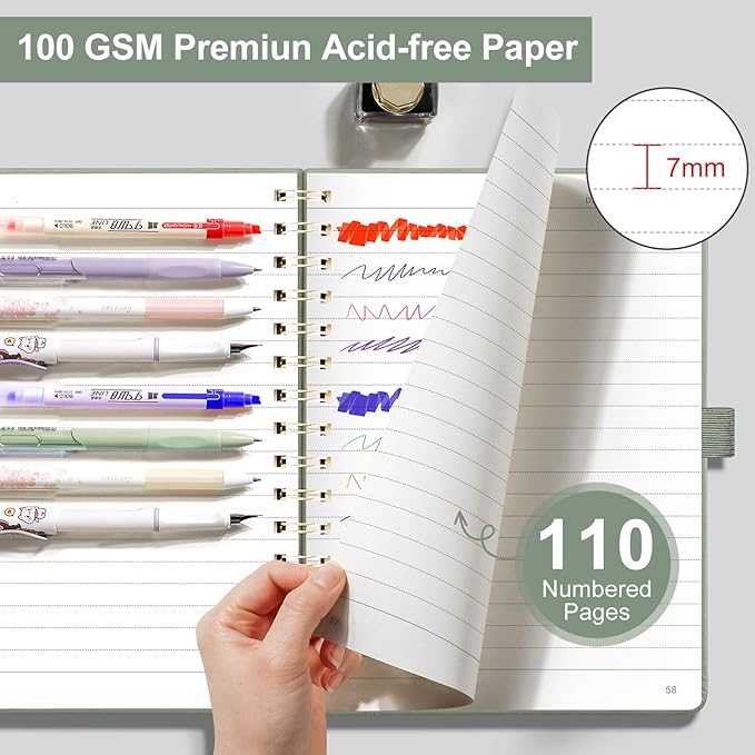 EMSHOI Spiral Notebook A4, 8.5"x11" Hardcover Leather Lined Journal with 110 Pages, 100GSM Thick Paper, Contents & Page Numbers, Flower Design - for Work, School, Journaling, Writing-Light Green