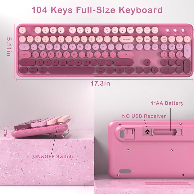 Colorful Wireless Keyboard and Mouse Combo, COVEVA 2.4GHz Wireless Retro Cute Round Keycaps Keyboard, 104 Keys Full-Sized Keyboard Mouse Set with Switch Button for PC Laptop Desktop (Pink Gradient)
